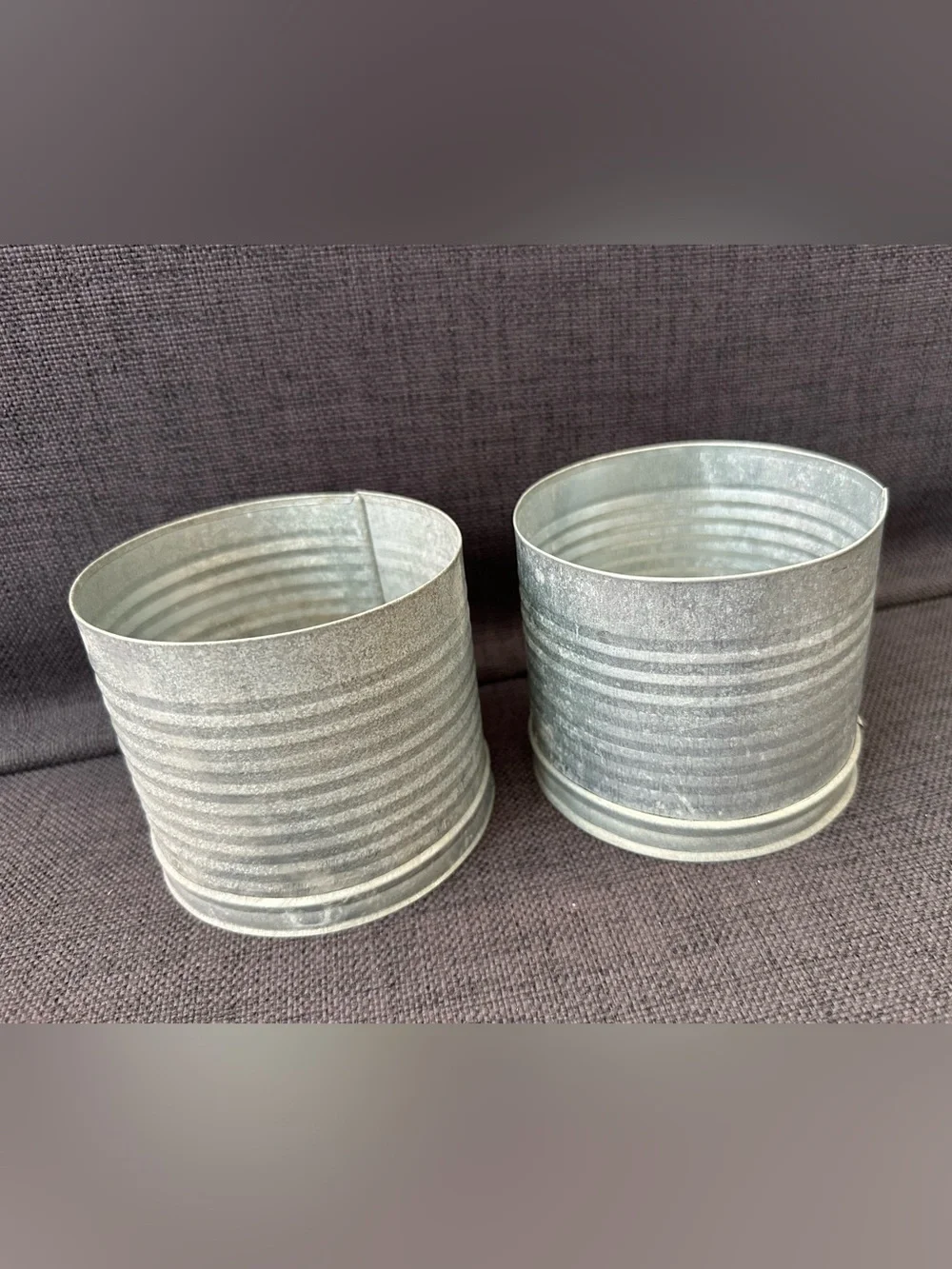 Small Tin Can inside a Burlap Wrapped Metal Planter/Basket/Bin - Set of 2